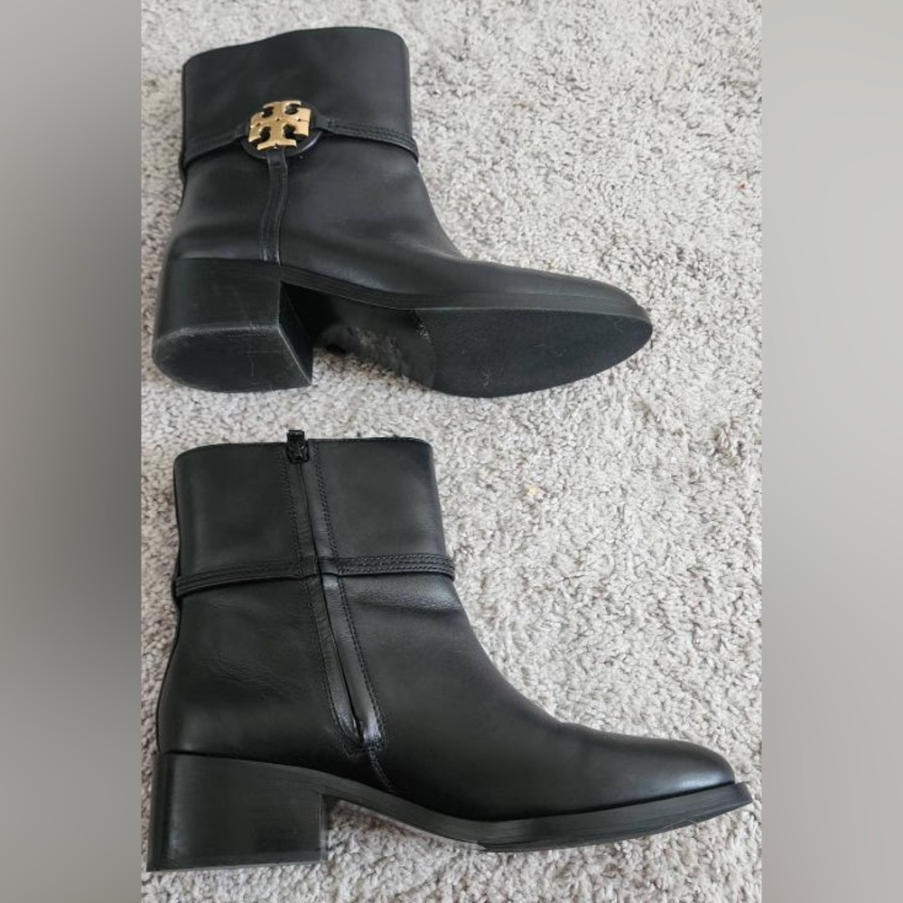 Tory Burch black leather booties with gold hardware